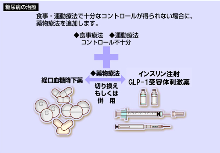 食事・運動療法で十分なコントロールが得られない場合に、薬物療法を追加します。